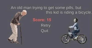 An old man trying to pick up pills, but this kid is riding a bicycle.
